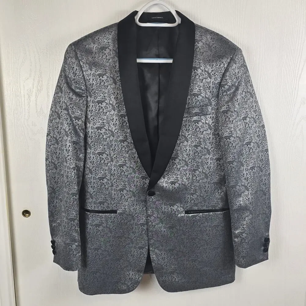 Egara Mens 38R Slim Fit Blazer Suit Jacket Gray Metallic Paisley Preppy Glam
